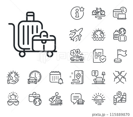 Travel luggage sign. Plane jet, travel map and baggage claim outline icons. Baggage cart line icon. Journey bag trolley symbol. Baggage cart line sign. Car rental, taxi transport icon. Vector 115889870