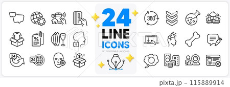 Icons set of Video conference, Web settings and Dog bone line icons pack for app with Post package, Clothing, Brand ambassador thin outline icon. Globe, Dish plate, Sports arena pictogram. Vector Icons set of Video conference, Web settings and Dog bone line icons pack for app with Post package, Clothing, Brand ambassador thin outline icon. Globe, Dish plate, Sports arena pictogram. Vector 115889914
