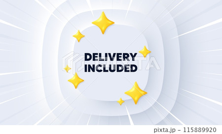 Delivery included tag. Neumorphic banner with sunburst. Free shipping sign. Special offer symbol. Delivery included message. Banner with 3d stars. Circular neumorphic template. Vector Delivery included tag. Neumorphic banner with sunburst. Free shipping sign. Special offer symbol. Delivery included message. Banner with 3d stars. Circular neumorphic template. Vector 115889920