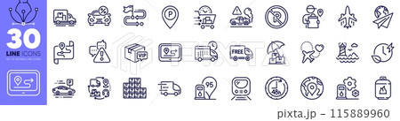 Plane, Delivery man and Lighthouse line icons pack. Parking, Honeymoon travel, Supply chain web icon. Car leasing, Delivery insurance, Warning pictogram. Vip parcel, Truck transport, Pin. Vector 115889960