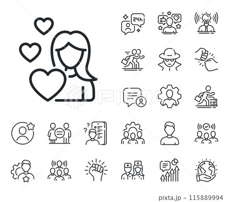Heart sign. Specialist, doctor and job competition outline icons. Woman in Love line icon. Valentines day symbol. Love line sign. Avatar placeholder, spy headshot icon. Strike leader. Vector 115889994