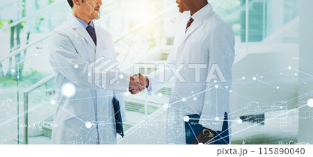 握手する白衣の人物とネットワーク 握手する白衣の人物とネットワーク 115890040