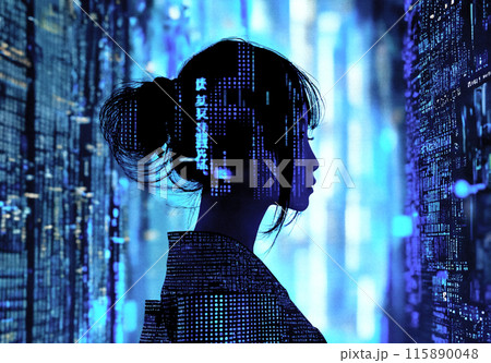 テクノロジーとデジタル メディアの概念の前に立つ女性の横顔 115890048