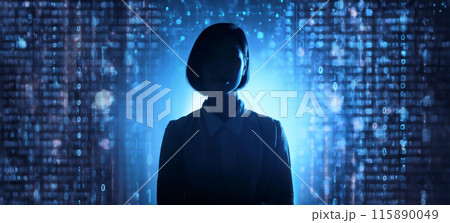デジタルテクノロジーの未来的な背景の前に立つ女性  115890049