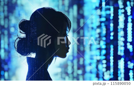 テクノロジーとデジタル メディアの概念の前に立つ女性の横顔 115890050
