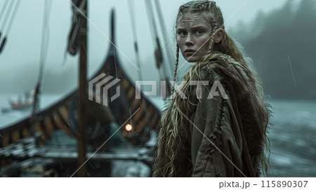 A young Viking woman with long braided hair stands on a ship  115890307
