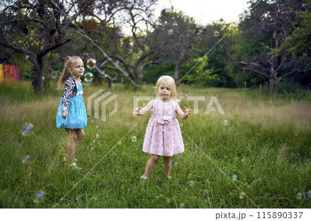 child and toddler, sisters, catching bubbles in the garden 115890337