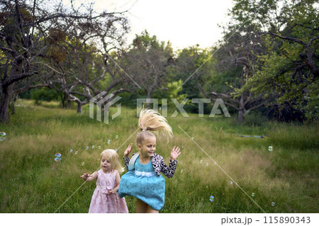 child and toddler, sisters, catching bubbles in the garden child and toddler, sisters, catching bubbles in the garden 115890343