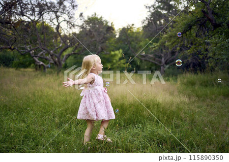 a toddler in a pink cloud dress catches soap bubbles in the garden a toddler in a pink cloud dress catches soap bubbles in the garden 115890350