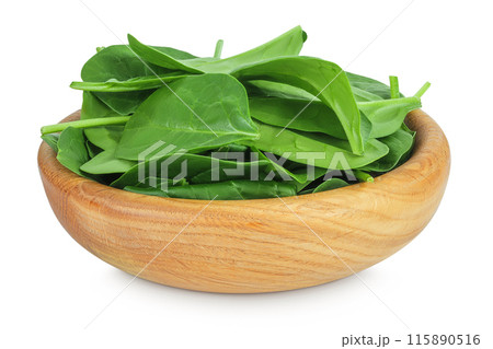 Baby spinach leaves in wooden bowl isolated on white background 115890516