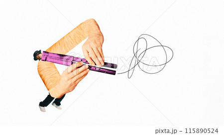 Poster. Contemporary art collage. Young man with huge arms holding purple flute with line adds dynamic rhythm to composition. Poster. Contemporary art collage. Young man with huge arms holding purple flute with line adds dynamic rhythm to composition. 115890524