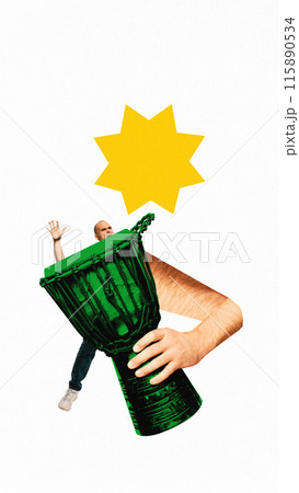 Poster. Contemporary art collage. Young man, musician holding his huge arms oversized green djembe drum. Music that unites people in celebration. Poster. Contemporary art collage. Young man, musician holding his huge arms oversized green djembe drum. Music that unites people in celebration. 115890534