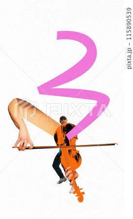 Poster. Contemporary art collage. Oversized orange cello, played with enthusiasm, with doodles shows deep and resonant tones of instrument. 115890539
