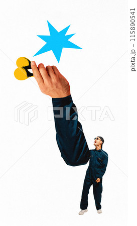 Poster. Contemporary art collage. Young musician with huge hand holding yellow pair of castanets. Festive nature of music. 115890541