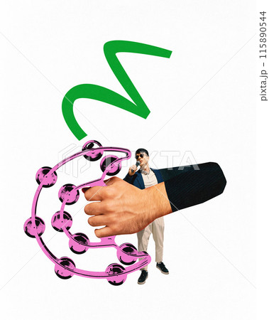 Poster. Contemporary art collage. large pink tambourine being held by an oversized hand, by man singing to microphone, singing. Poster. Contemporary art collage. large pink tambourine being held by an oversized hand, by man singing to microphone, singing. 115890544
