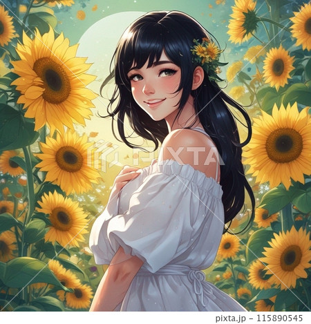 ひまわり畑をバックに微笑むかわいい女性のイラスト 9 115890545