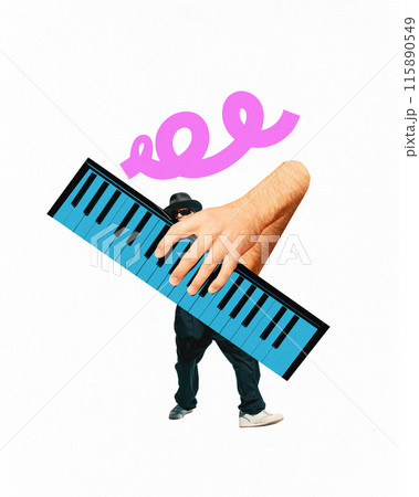 Poster. Contemporary art collage. Man with huge hands playing oversized blue keyboard with sweeping pink swirl evokes sense of rhythm. 115890549