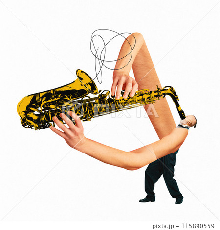 Poster. Contemporary art collage. Jazzman playing with his huge arms oversized saxophone, symbolizing passion and dedication. 115890559