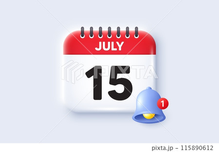 15th day of the month icon. Calendar date 3d icon. Event schedule date. Meeting appointment time. 15th day of July month. Calendar event reminder date. Vector 115890612