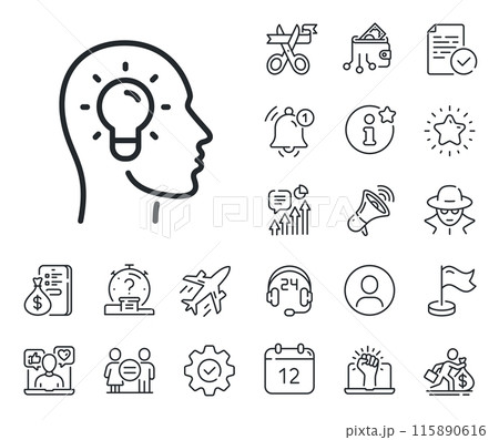 Lightbulb sign. Salaryman, gender equality and alert bell outline icons. Idea head line icon. Core value symbol. Idea head line sign. Spy or profile placeholder icon. Online support, strike. Vector Lightbulb sign. Salaryman, gender equality and alert bell outline icons. Idea head line icon. Core value symbol. Idea head line sign. Spy or profile placeholder icon. Online support, strike. Vector 115890616