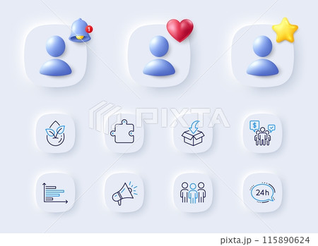 Puzzle, Horizontal chart and Organic product line icons. Placeholder with 3d bell, star, heart. Pack of Megaphone, Moving service, 24h service icon. Teamwork, Group pictogram. Vector 115890624