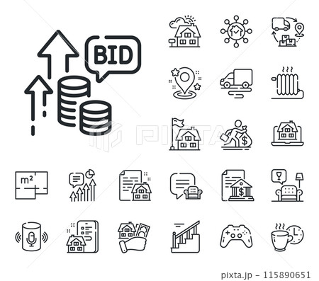 Auction sign. Floor plan, stairs and lounge room outline icons. Bid offer line icon. Raise the price up symbol. Bid offer line sign. House mortgage, sell building icon. Real estate. Vector Auction sign. Floor plan, stairs and lounge room outline icons. Bid offer line icon. Raise the price up symbol. Bid offer line sign. House mortgage, sell building icon. Real estate. Vector 115890651
