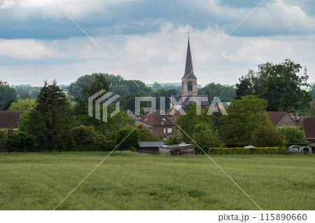 Landscape view over green agriculture fields and the church tower and village of Wambeek, Flanders, Belgium 115890660