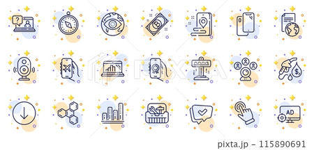 Outline set of Translation service, Cursor and Petrol station line icons for web app. Include Toolbox, Graph laptop, Award app pictogram icons. Place, Attraction, Flight mode signs. Vector 115890691
