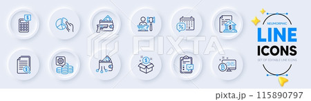 Bank document, Discounts calendar and Checklist line icons for web app. Pack of Bitcoin system, Pie chart, Post package pictogram icons. Financial documents, Armed robbery, Auction signs. Vector 115890797