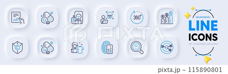 Card, Clean shirt and Cobalt mineral line icons for web app. Pack of 360 degrees, Time management, Chromium mineral pictogram icons. Targeting, Document, Cyber attack signs. Graph chart. Vector 115890801