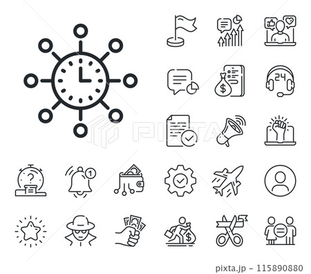 Global watch sign. Salaryman, gender equality and alert bell outline icons. World time line icon. World time line sign. Spy or profile placeholder icon. Online support, strike. Vector 115890880