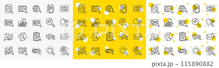 Photo indexation, Artificial intelligence, Car rental icons. Search line icons. Airplane flights, Web search engine, Analytics. Find photo, checklist document, artificial intelligence eye. Vector 115890882