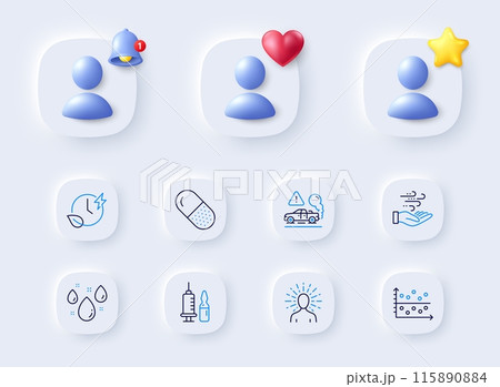 Dot plot, Exhaust and Medical vaccination line icons. Placeholder with 3d bell, star, heart. Pack of Capsule pill, Yoga, Rainy weather icon. Wind energy, Charging time pictogram. Vector Dot plot, Exhaust and Medical vaccination line icons. Placeholder with 3d bell, star, heart. Pack of Capsule pill, Yoga, Rainy weather icon. Wind energy, Charging time pictogram. Vector 115890884
