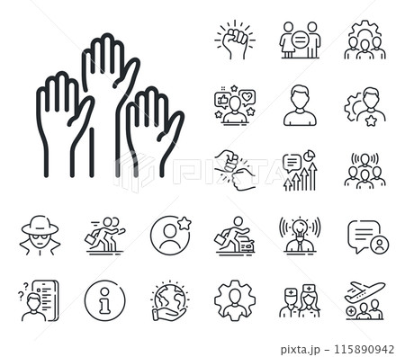 People vote by hand sign. Specialist, doctor and job competition outline icons. Voting hands line icon. Public election symbol. Voting hands line sign. Avatar placeholder, spy headshot icon. Vector People vote by hand sign. Specialist, doctor and job competition outline icons. Voting hands line icon. Public election symbol. Voting hands line sign. Avatar placeholder, spy headshot icon. Vector 115890942