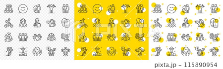 Outline Fraud, Bribe and Friendship line icons pack for web with Woman read, Online voting, Court jury line icon. Teamwork, Survey, Delivery bike pictogram icon. Fingerprint research. Vector 115890954