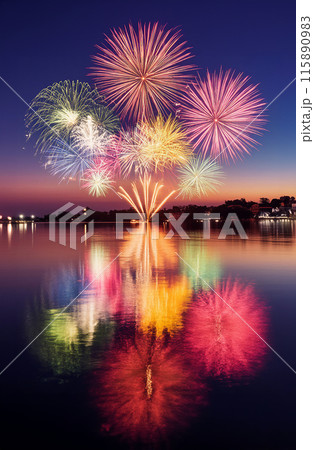 水上花火大会、鮮やかな打ち上げ花火 水上花火大会、鮮やかな打ち上げ花火 115890983