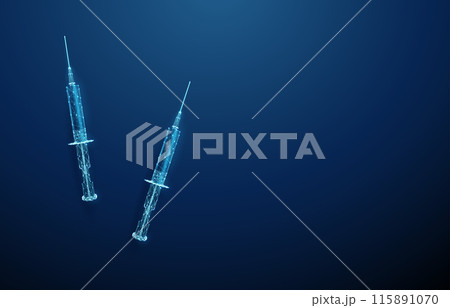 Two syringes. Diabetes type 1, 2 control, vaccination, antibiotic treatment, desease prevention concept. Low poly style. Abstract blue geometric background. Wireframe graphic structure Top view Vector Two syringes. Diabetes type 1, 2 control, vaccination, antibiotic treatment, desease prevention concept. Low poly style. Abstract blue geometric background. Wireframe graphic structure Top view Vector 115891070