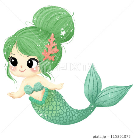Watercolor Hand drawn illustration underwater animals cute green haired mermaid girl marine wild life children clip art for textile, decoration, posters, inviation, greeting cards Watercolor Hand drawn illustration underwater animals cute green haired mermaid girl marine wild life children clip art for textile, decoration, posters, inviation, greeting cards 115891073