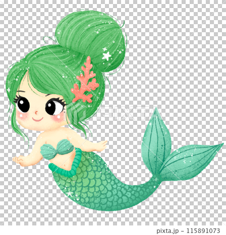 Watercolor Hand drawn illustration underwater animals cute green haired mermaid girl marine wild life children clip art for textile, decoration, posters, inviation, greeting cards Watercolor Hand drawn illustration underwater animals cute green haired mermaid girl marine wild life children clip art for textile, decoration, posters, inviation, greeting cards 115891073