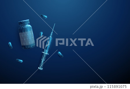 Syringe, bottle and medical pills. Medical treatment and pharmacy concept. Low poly style. Abstract geometric background. Wireframe light connection structure. Modern blue 3d graphic. Top view. Vector Syringe, bottle and medical pills. Medical treatment and pharmacy concept. Low poly style. Abstract geometric background. Wireframe light connection structure. Modern blue 3d graphic. Top view. Vector 115891075