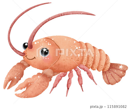 Watercolor Hand drawn illustration underwater animals cute lobster shrimp prawn marine wild life children clip art for textile, decoration, posters, inviation, greeting cards 115891082
