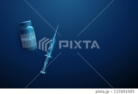 Syringe lying next to a bottle of insulin Diabetes type 1, 2, control, treatment concept Low poly style Geometric background Wireframe light connection structure Top view Modern blue 3d graphic Vector 115891085