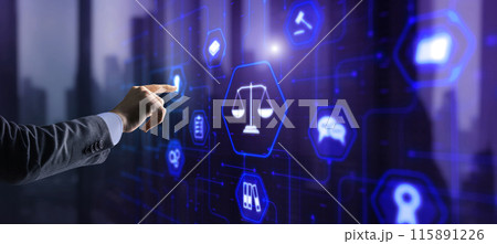 Justice and law concept. Icon Law on virtual screen. Blurred background 115891226
