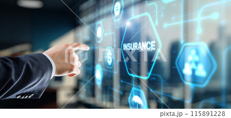 Businessman hand clicks insurance icons. Car travel family and life concept 115891228