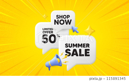 Summer Sale tag. 3d offer chat speech bubbles. Special offer price sign. Advertising Discounts symbol. Summer sale speech bubble 3d message. Talk box megaphone banner. Vector 115891345