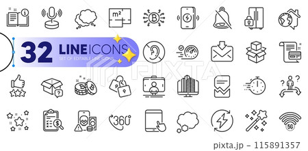 Outline set of Locks, Selfie stick and Renewable power line icons for web with Speech bubble, Talk bubble, Manual thin icon. Speedometer, Payment card, Mute pictogram icon. Microphone. Vector Outline set of Locks, Selfie stick and Renewable power line icons for web with Speech bubble, Talk bubble, Manual thin icon. Speedometer, Payment card, Mute pictogram icon. Microphone. Vector 115891357