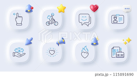 Touchscreen gesture, Hold box and Vacancy line icons. Buttons with 3d bell, chat speech, cursor. Pack of Heart, Heart flame, Smile face icon. Delivery bike, Identification card pictogram. Vector 115891690