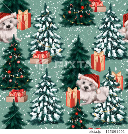 Christmas seamless pattern with dog, gift boxes and Christmas trees. Winter holiday background. Christmas seamless pattern with dog, gift boxes and Christmas trees. Winter holiday background. 115891901