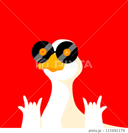 Funny design with white duck wearing black vinyl records as sunglasses, against bright red background. Humorous and playful visual. Creative vector illustration. Funny design with white duck wearing black vinyl records as sunglasses, against bright red background. Humorous and playful visual. Creative vector illustration. 115892179