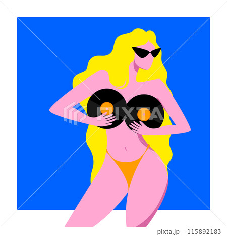 Woman with long blonde hair, wearing sunglasses and yellow bikini bottom, holding two vinyl records over her chest against bright blue background. Creative vector illustration. Woman with long blonde hair, wearing sunglasses and yellow bikini bottom, holding two vinyl records over her chest against bright blue background. Creative vector illustration. 115892183
